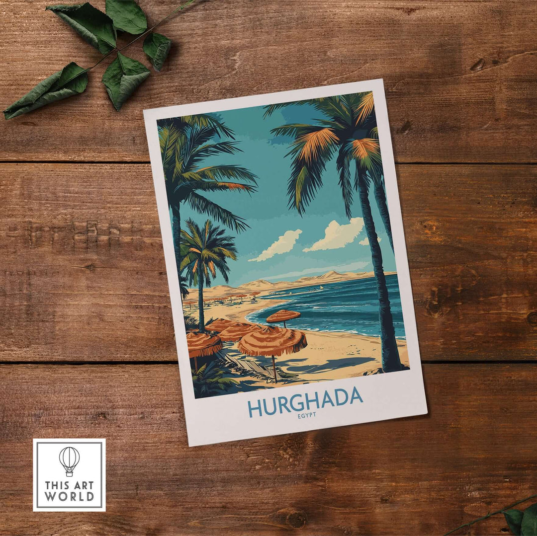 Hurghada poster showcasing palm trees and beach, perfect for Egyptian resort decor, capturing coastal beauty.