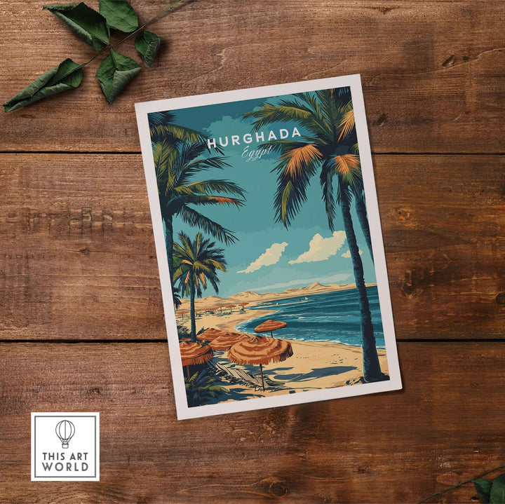 Hurghada Egypt tropical vacation print featuring beach, palm trees, and coastal views, perfect for home decor.