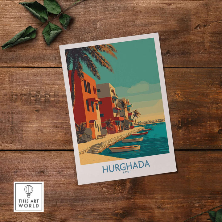 Hurghada Egypt wall art travel print showcasing vibrant coastal scenery and boats by the Red Sea.
