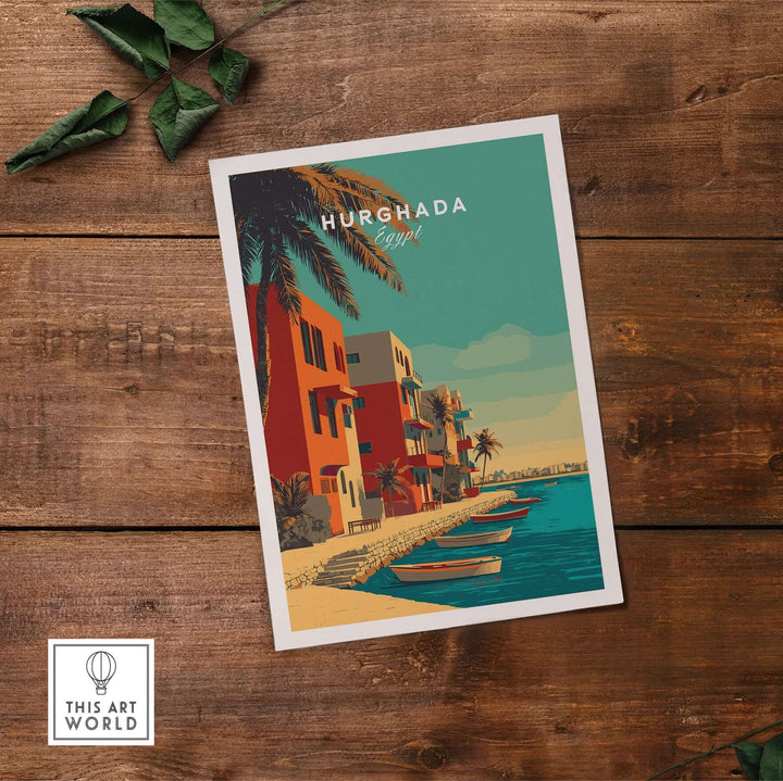 Hurghada Egypt poster featuring colorful coastal buildings and boats, perfect for tropical vacation wall art.