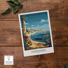 Hurghada Poster Egypt Art Print featuring vibrant coastline and boats in scenic landscape.