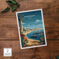 Hurghada Print Egypt - Red Sea Travel Wall Art featuring vibrant colors and serene waters on a wooden background.