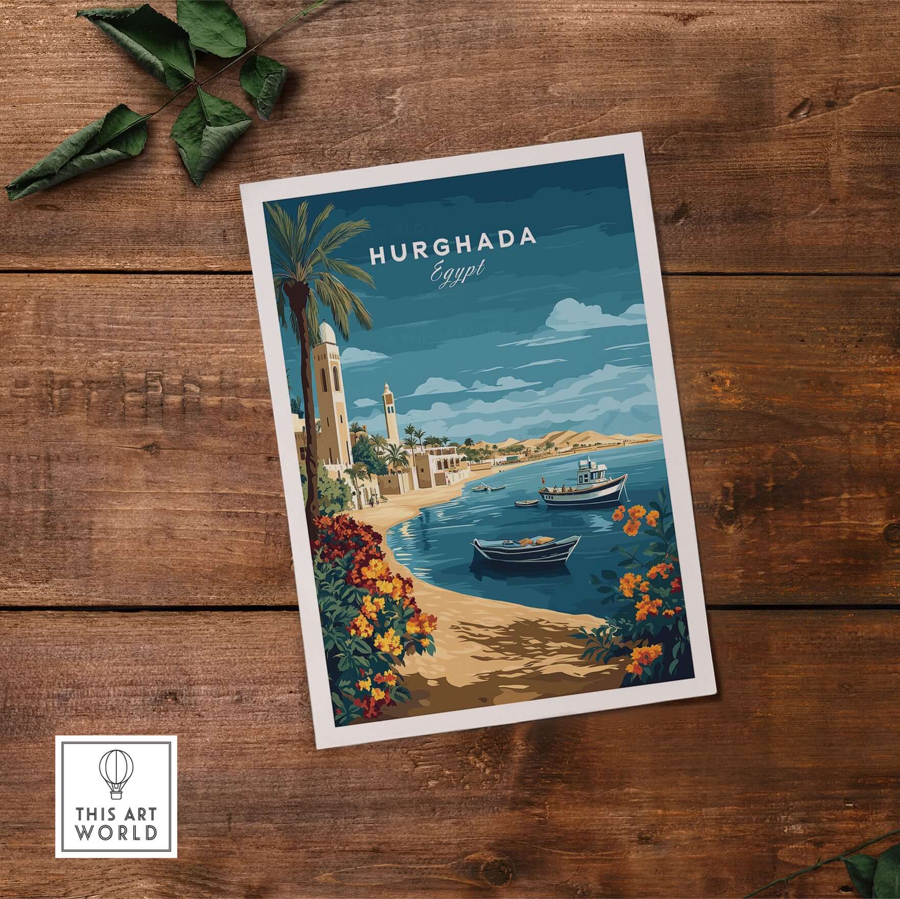 Hurghada Print Egypt - Red Sea Travel Wall Art featuring vibrant colors and serene waters on a wooden background.