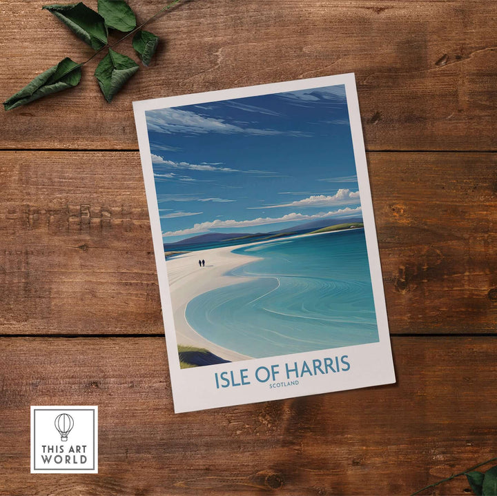 Isle of Harris travel poster featuring stunning beach and water scenery, perfect for home decor enthusiasts.