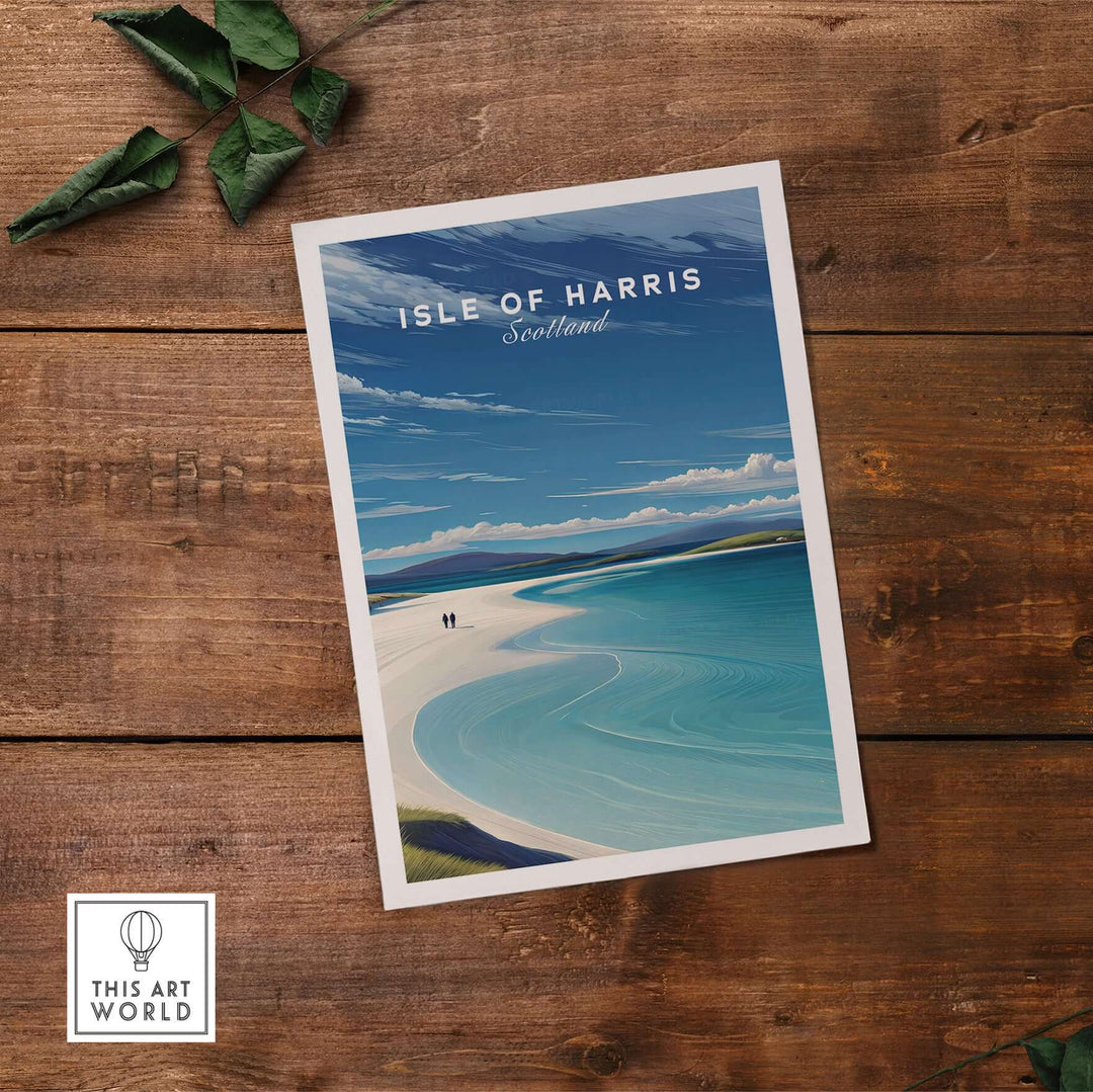 Isle of Harris Scotland Luskentyre Beach print featuring white sands and blue waters on wooden background.