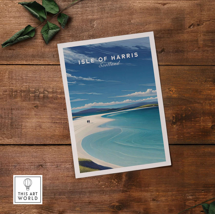 Isle of Harris Scotland Luskentyre Beach print featuring white sands and blue waters on wooden background.
