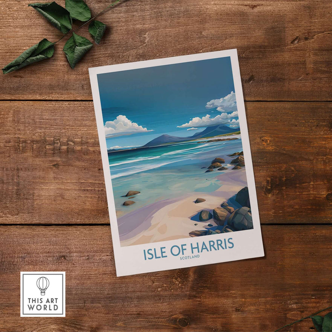 Isle of Harris poster showcasing serene Scottish seascape with clear waters and mountains, ideal for home decor.