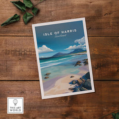 Isle of Harris Scotland Blue Sky Beach Print - Rocky Coastline Wall Art on wooden surface with leaves.