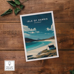 Isle of Harris Scotland Beach House Seascape Poster - Remote Scottish Isle Print on wooden background