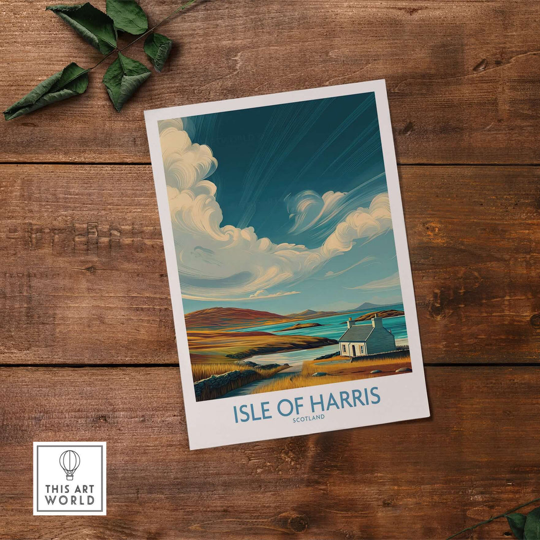 Isle of Harris poster featuring a dramatic sky and seascape, perfect Scottish island travel decor.