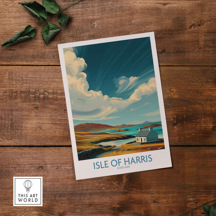 Isle of Harris poster featuring a dramatic sky and seascape, perfect Scottish island travel decor.