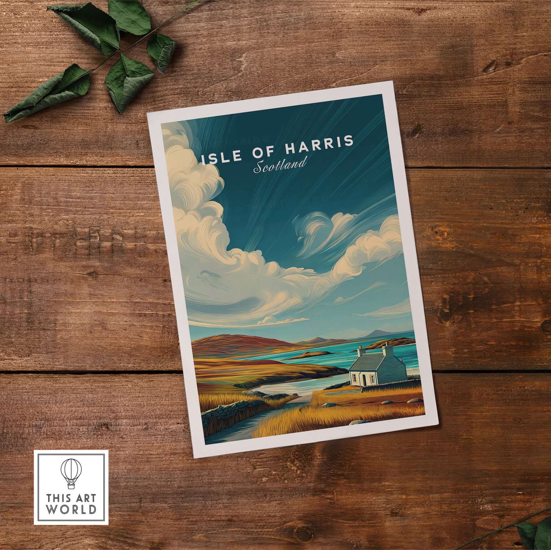 Isle of Harris Print Scotland Coastal Cottage Landscape - Rolling Hills Wall Art on wooden table