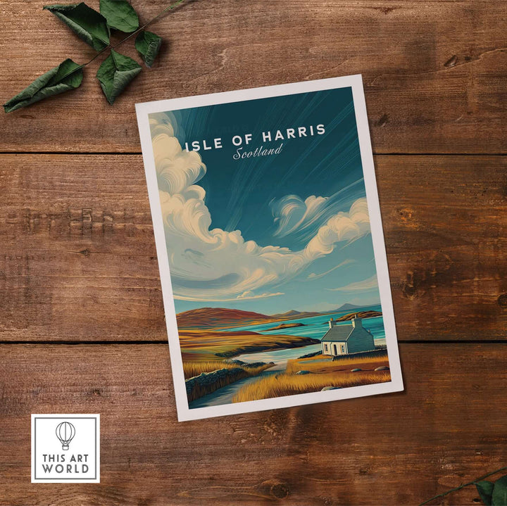 Isle of Harris print depicting a coastal cottage in Scotland's serene landscape with rolling hills.