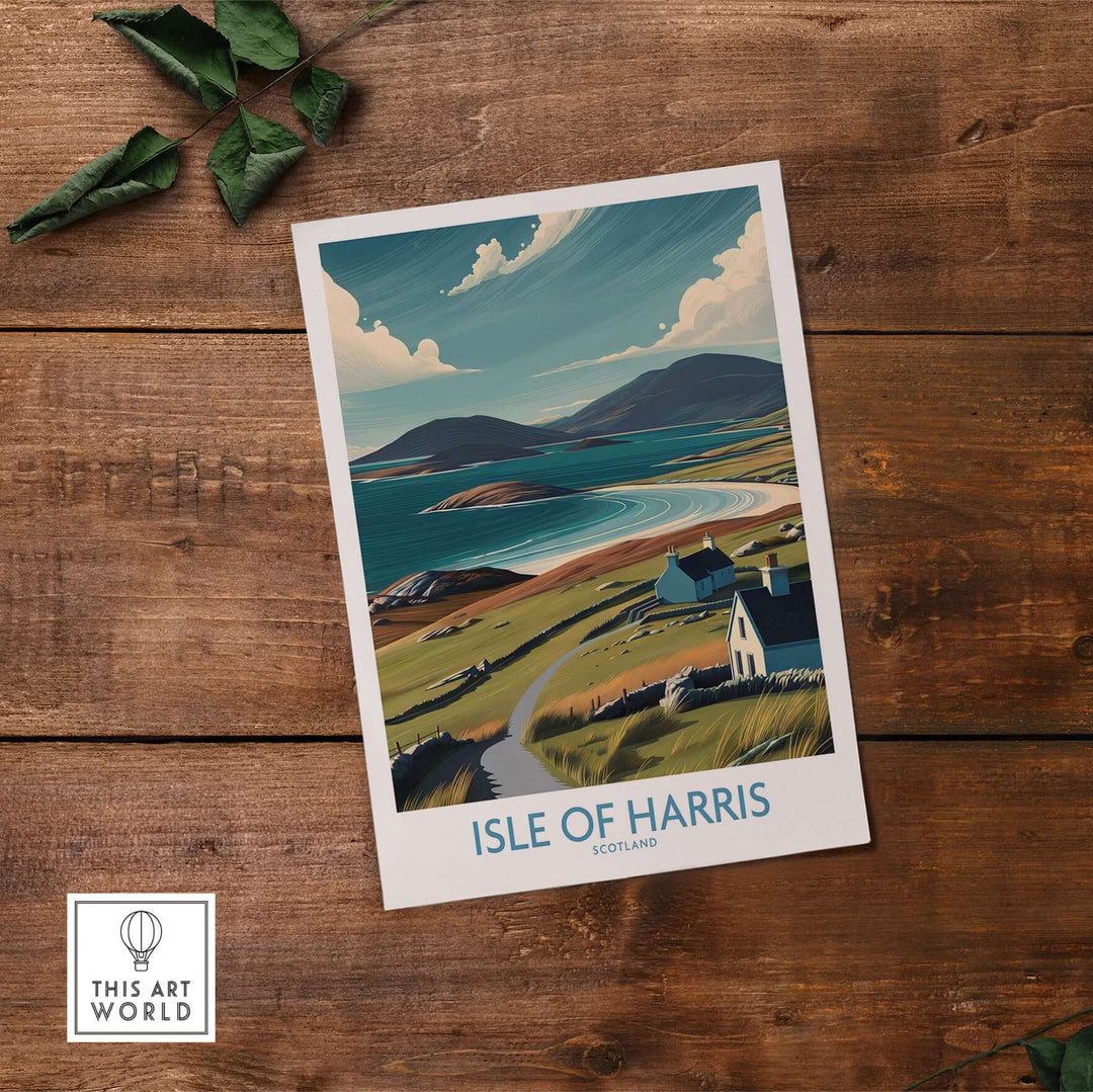 Isle of Harris landscape poster showcasing Scotland's scenic beauty and coastal charm on wooden background.