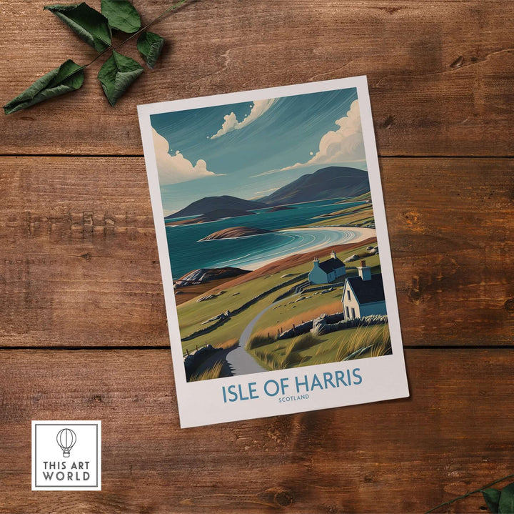 Isle of Harris landscape poster showcasing Scotland's scenic beauty and coastal charm on wooden background.