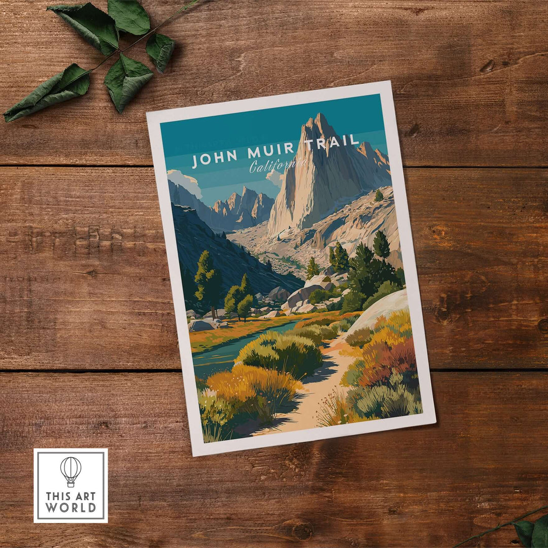 John Muir Trail California mountain print artwork for hiking and wilderness lovers, featuring rugged peaks and scenic trails.