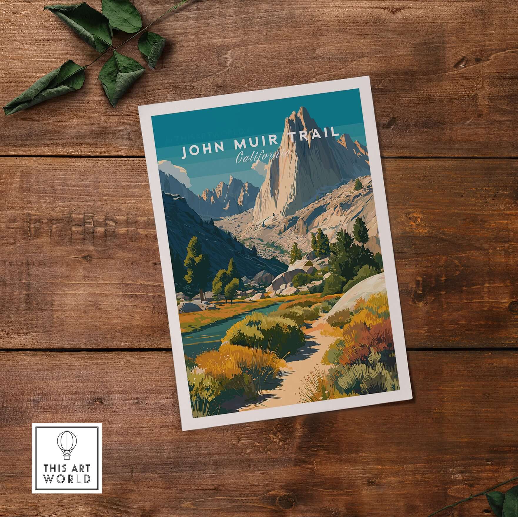 John Muir Trail California Sierra Nevada Mountain Print - Wilderness Hiking Wall Art displayed on wooden surface.