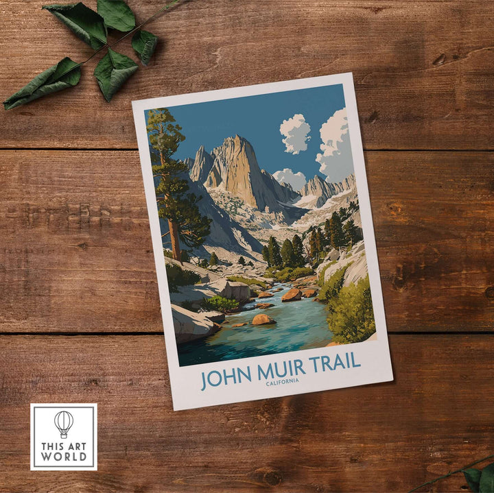 John Muir Trail poster featuring a scenic mountain river and landscape, ideal for hiking and nature enthusiasts.