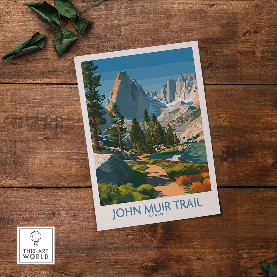 John Muir Trail California wall art featuring serene lake and majestic mountains in the Sierra Nevada.