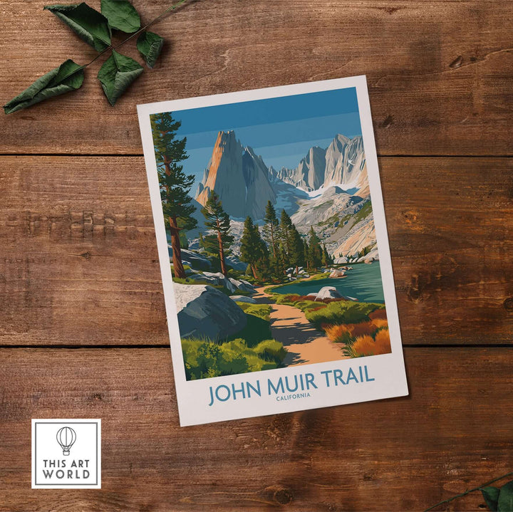 John Muir Trail California wall art featuring serene lake and majestic mountains in the Sierra Nevada.