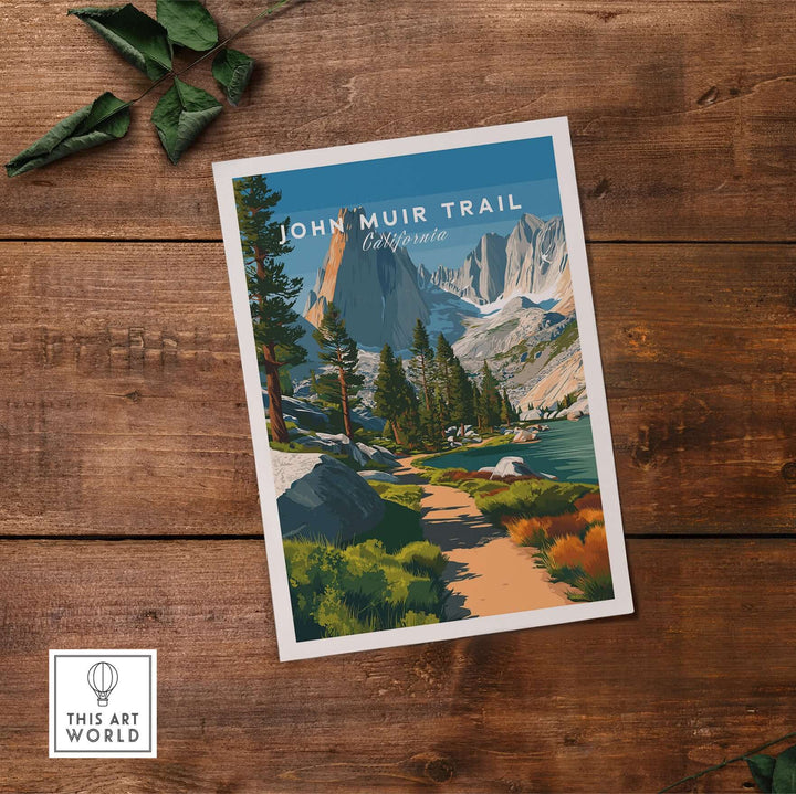 John Muir Trail poster featuring a lakeside mountain path in California's wilderness landscape.