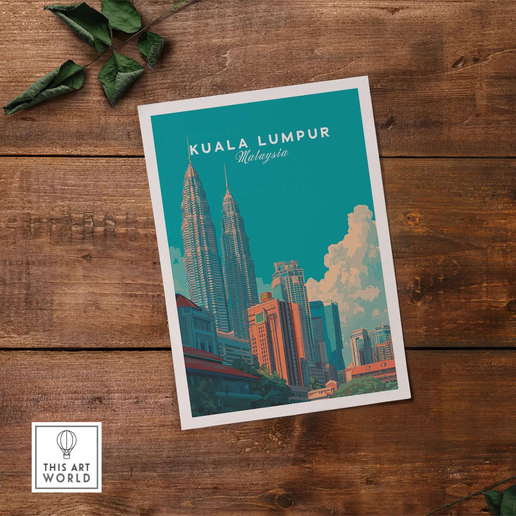 Kuala Lumpur Malaysia Print Petronas Towers Skyline Poster - Modern City Wall Art on wooden table