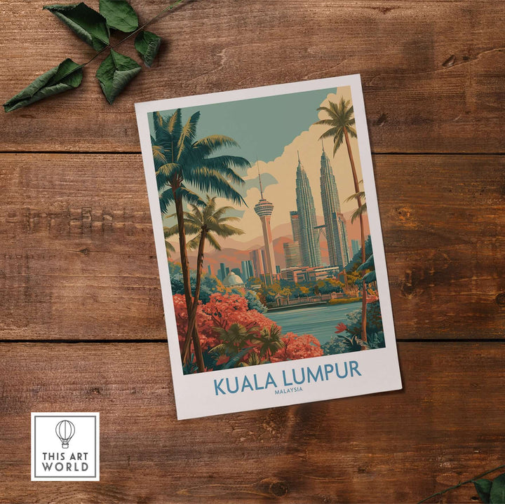Kuala Lumpur skyline poster showcasing iconic towers and lush palm trees, perfect for urban travel decor.