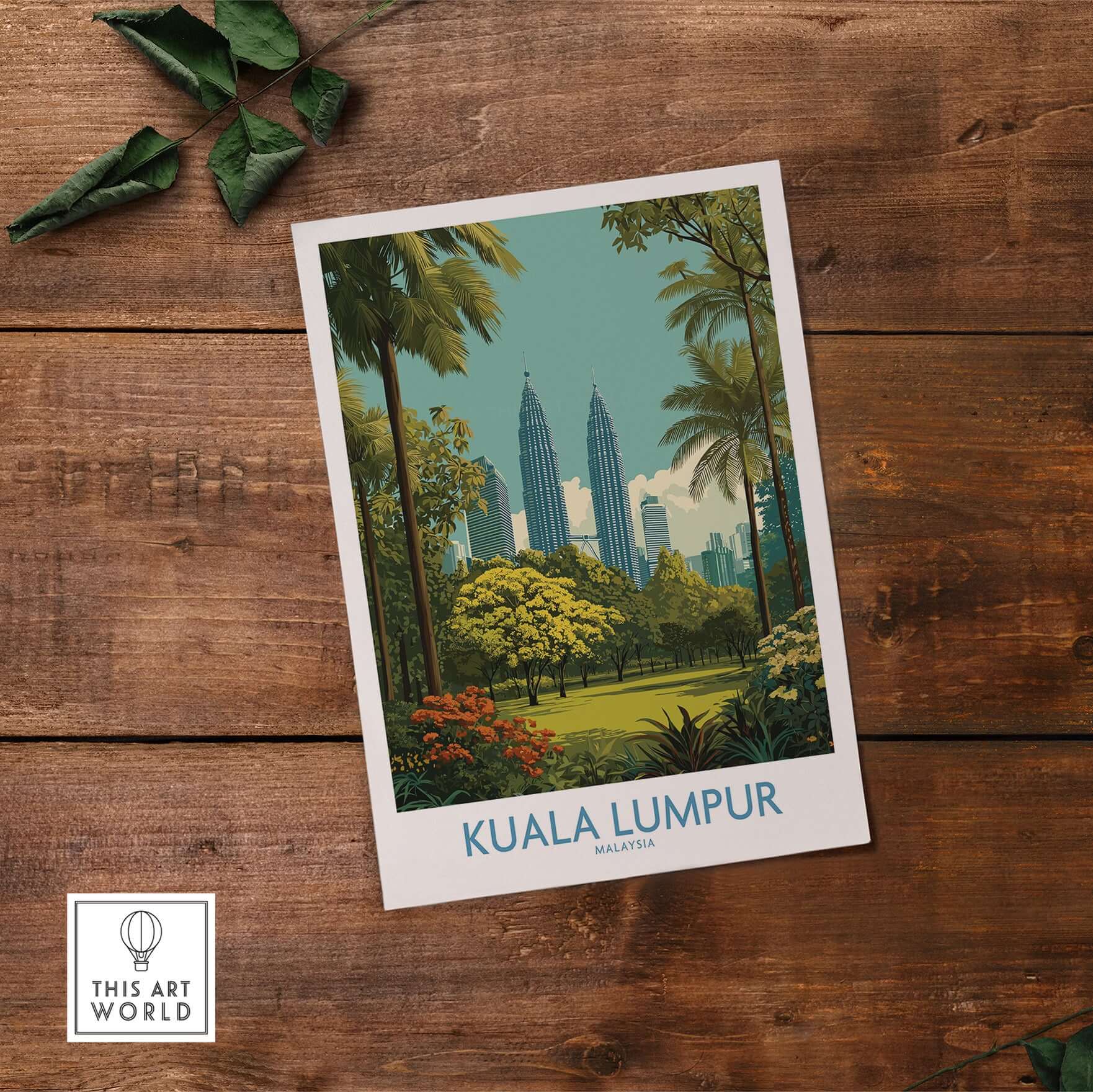Kuala Lumpur Malaysia Skyline Poster - Malaysian Capital Wall Art featuring iconic city skyline on wooden background.
