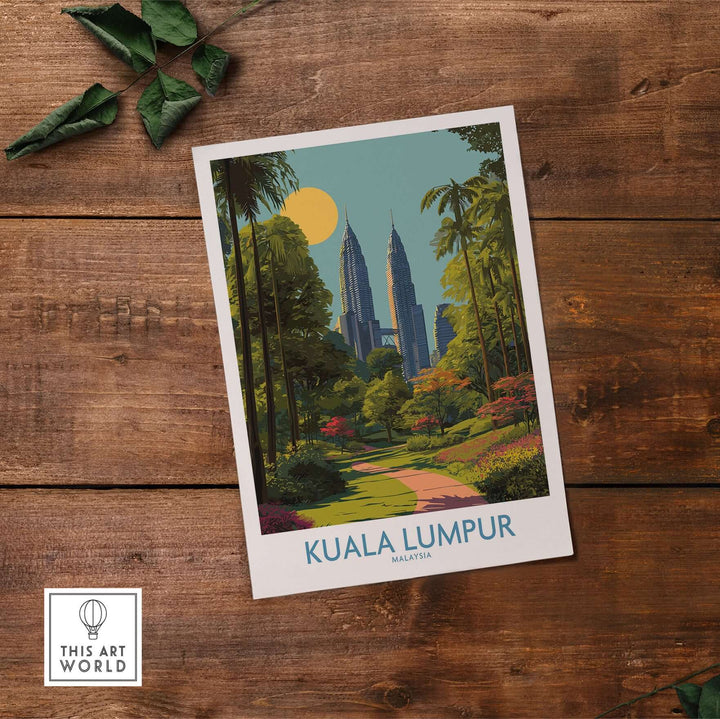 Kuala Lumpur Malaysia travel poster showcasing modern skyscrapers surrounded by lush greenery and sunny landscapes.