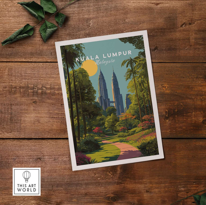 Kuala Lumpur poster featuring Petronas Towers and park path, modern city wall art on wooden background.