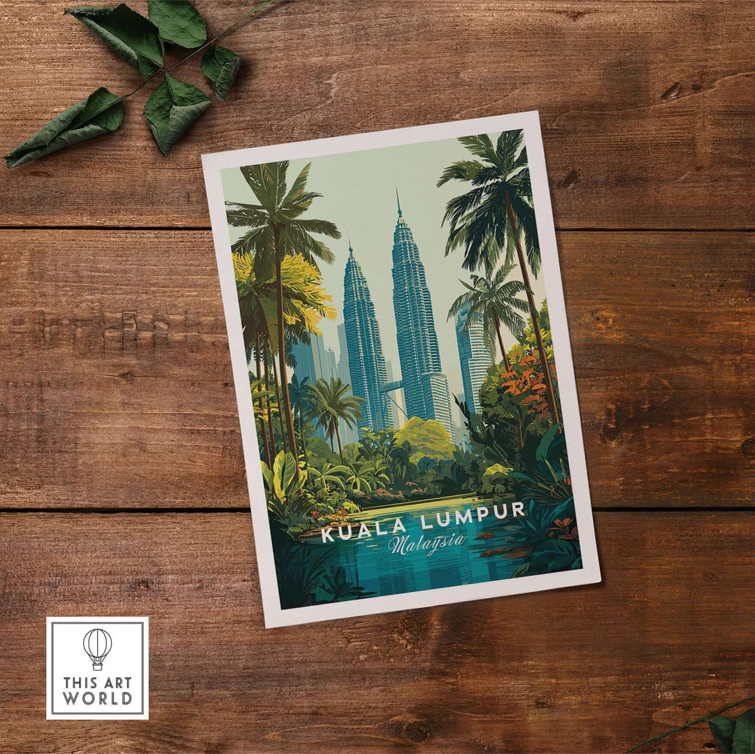 Kuala Lumpur Twin Towers poster featuring tropical cityscape with lush greenery and modern architecture.