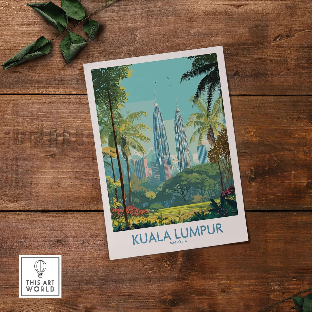 Kuala Lumpur skyline poster featuring lush greenery and urban buildings, capturing a vibrant Malaysian landscape.