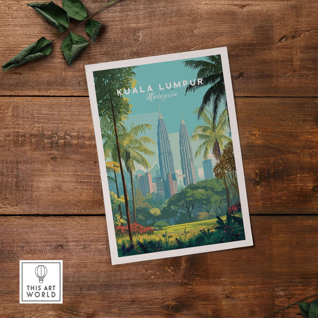 Kuala Lumpur Petronas Towers print featuring skyscrapers and lush greenery in a modern art style.