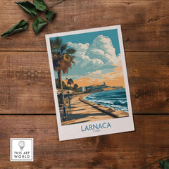 Larnaca Poster Cyprus Palm Tree Sunset - Cyprus Travel Print showcasing a serene coastal view at sunset.