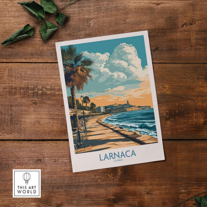Larnaca poster featuring a palm tree and beach at sunset, capturing Cyprus' serene coastal beauty.