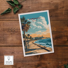 Larnaca Print Cyprus Beachfront Promenade - Mediterranean Coastal Wall Art on wooden background.
