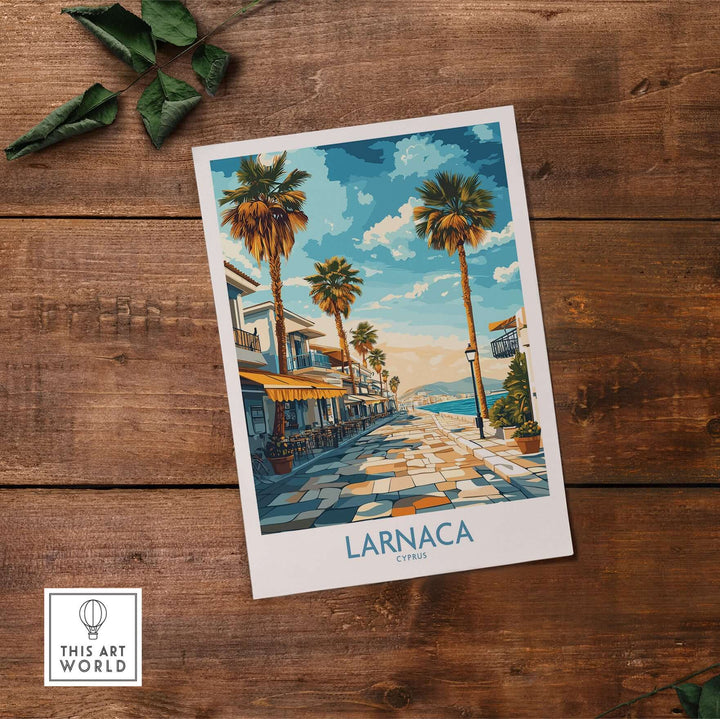 Larnaca Cyprus Finikoudes Beach wall art print showcasing palm trees and vibrant Mediterranean scenery.