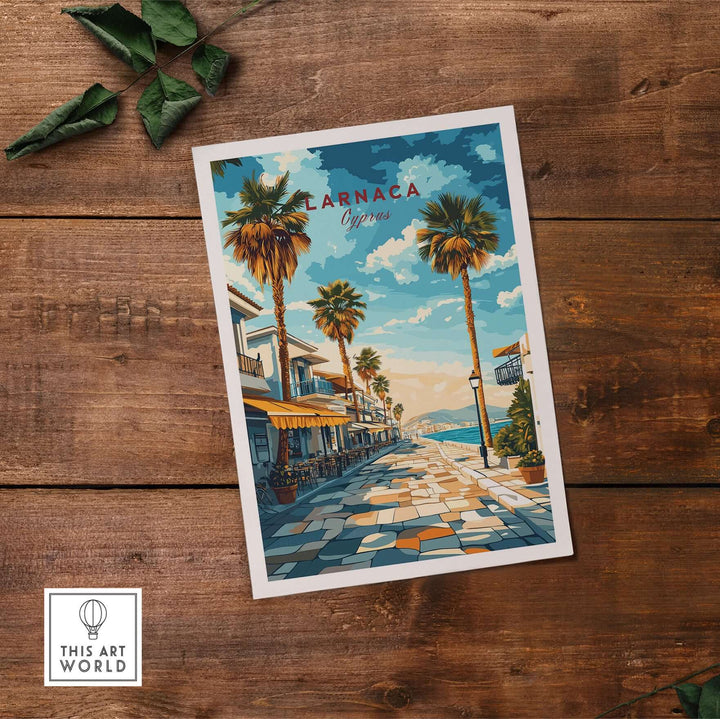 Larnaca Cyprus travel poster featuring palm trees and a coastal street scene, capturing Mediterranean charm.
