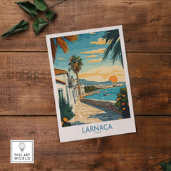 Larnaca Cyprus Wall Art - Cyprus Travel Poster depicting a vibrant coastal scene in Larnaca.