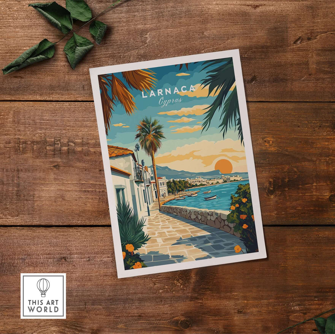 Larnaca Cyprus sunset print showcasing vibrant seascape, palm trees, and warm hues on a tranquil Mediterranean scene.