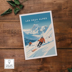 Vibrant Les Deux Alpes poster featuring skiers on snowy mountains, perfect for home decor and travel enthusiasts.