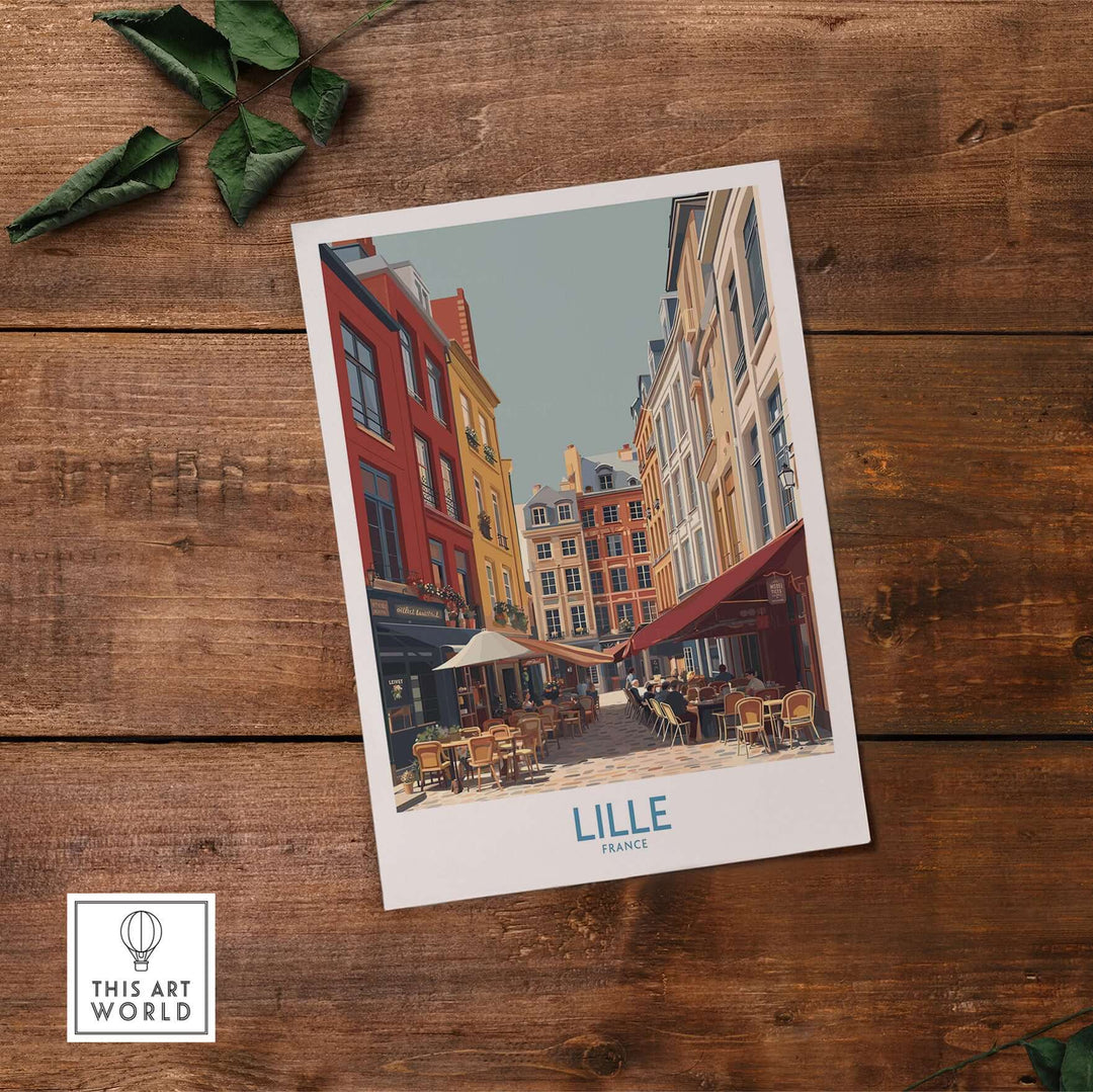 Lille France café culture poster featuring vibrant streets and charming cafés in Northern France.
