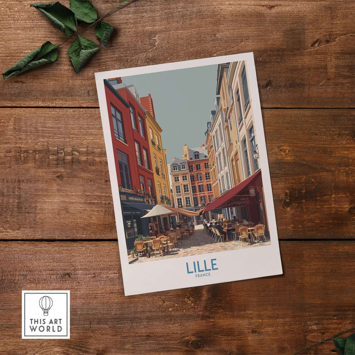 Lille France café culture poster featuring vibrant streets and charming cafés in Northern France.