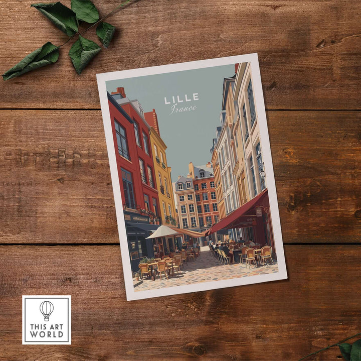 Lille France print showcasing historic street scene with colorful architecture and outdoor seating.