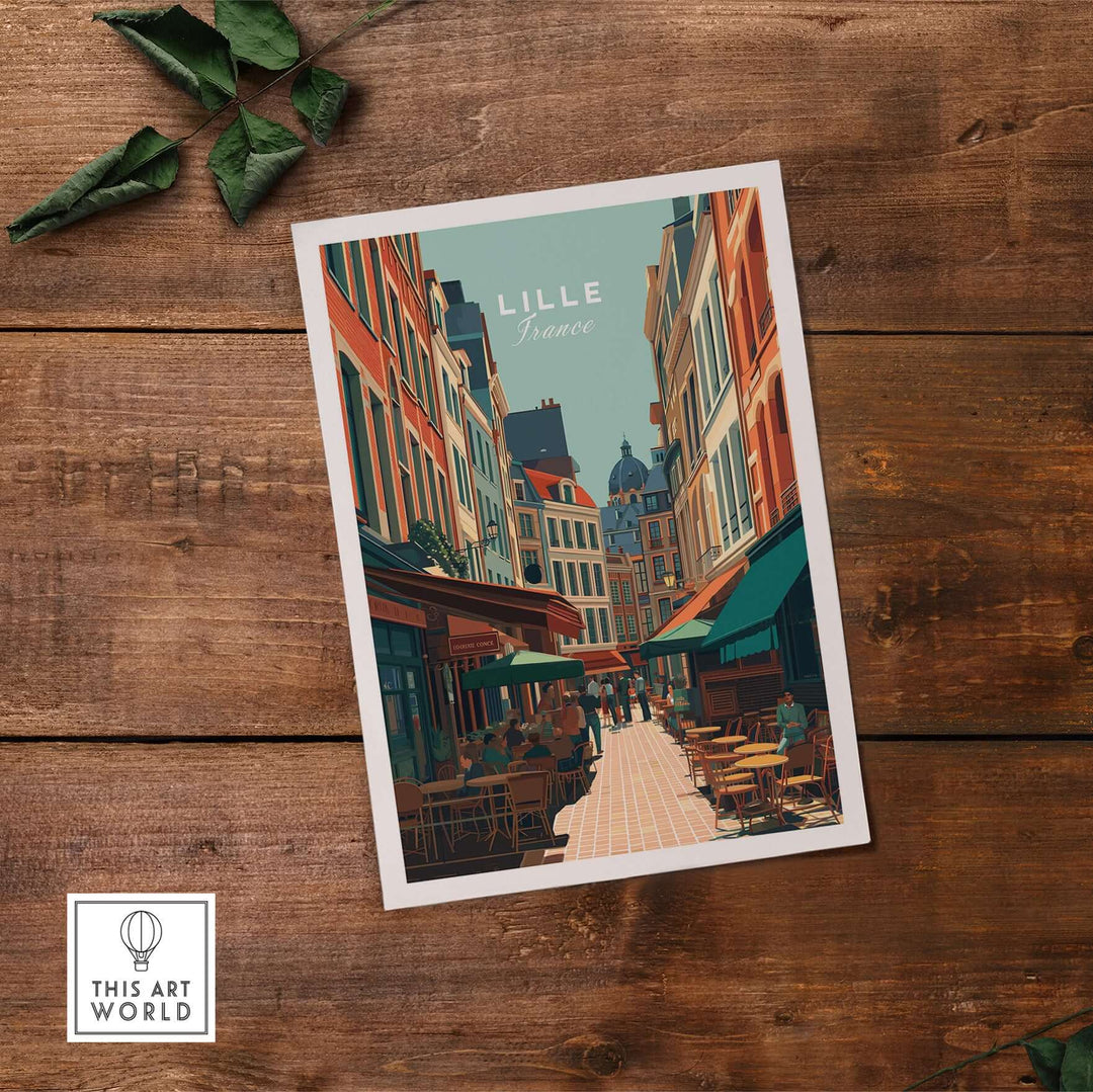 Lille France Old Town Square poster showcasing vibrant architecture and charming outdoor cafes in a beautiful setting.