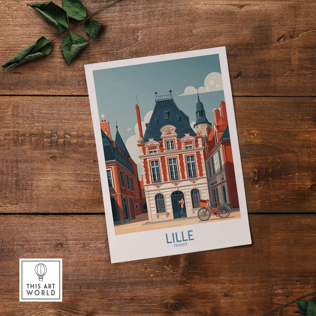 Lille France poster showcasing charming European architecture and streets on a wooden background.