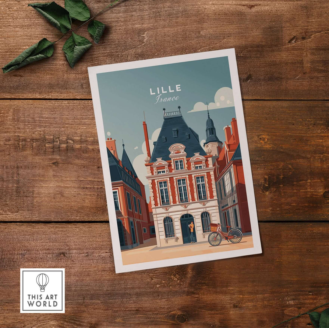 Lille France print showcasing historic architecture on wooden background, perfect for home decor.