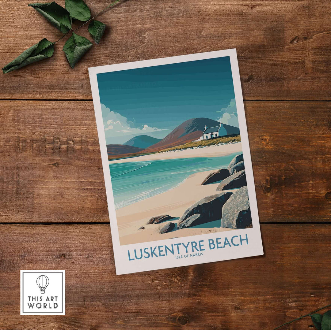 Luskentyre Beach Isle of Harris wall art poster featuring turquoise waters and serene seascape, perfect for coastal decor.