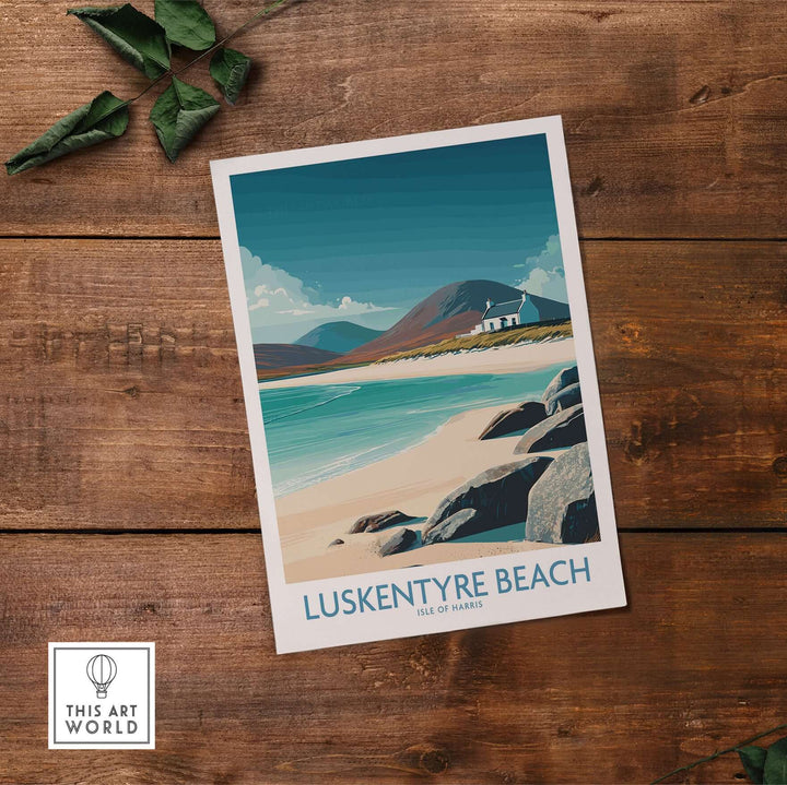 Luskentyre Beach Isle of Harris wall art poster featuring turquoise waters and serene seascape, perfect for coastal decor.