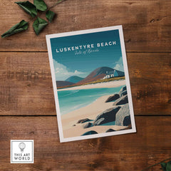 Luskentyre Beach Print Isle of Harris White Sand Coastal Poster - Scottish Island Wall Art on wooden background